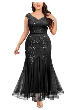 Plus Size Sequin Lace Mermaid Formal Evening Gown Sleeveless Maxi Prom Dress